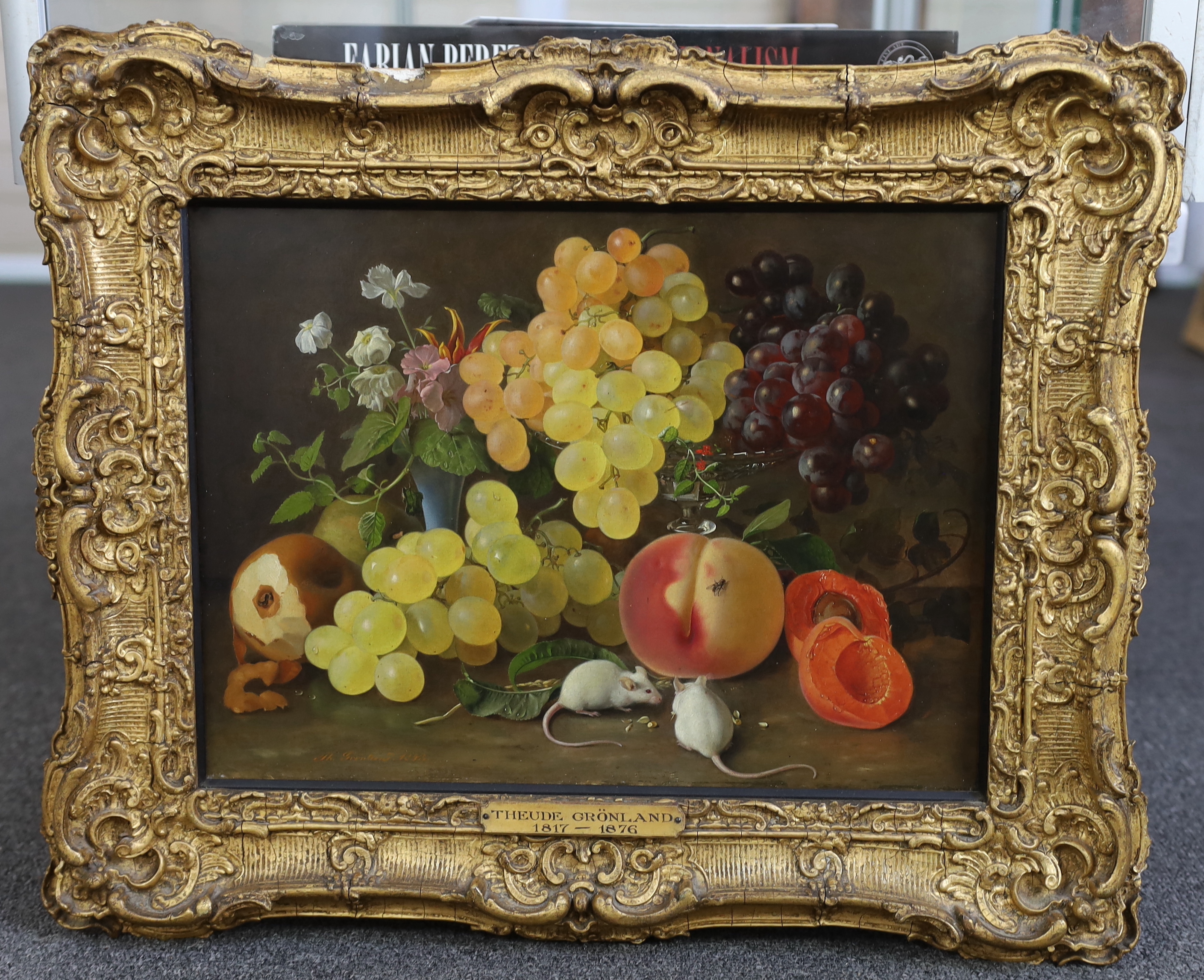 Theude Grönland (German, 1817-1876), Still life of sweet peas, fruit and two white mice, oil on wooden panel, 29 x 39cm